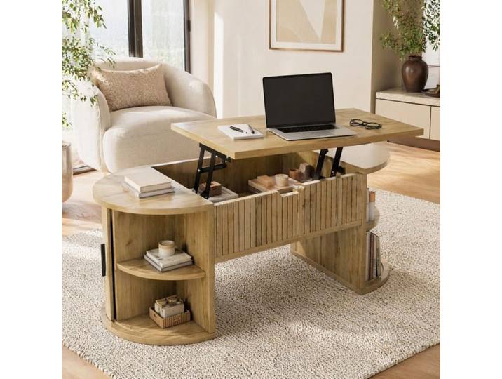 VUENOR Table basse relevable ovale aspect chene avec rangement et portes coulissantes