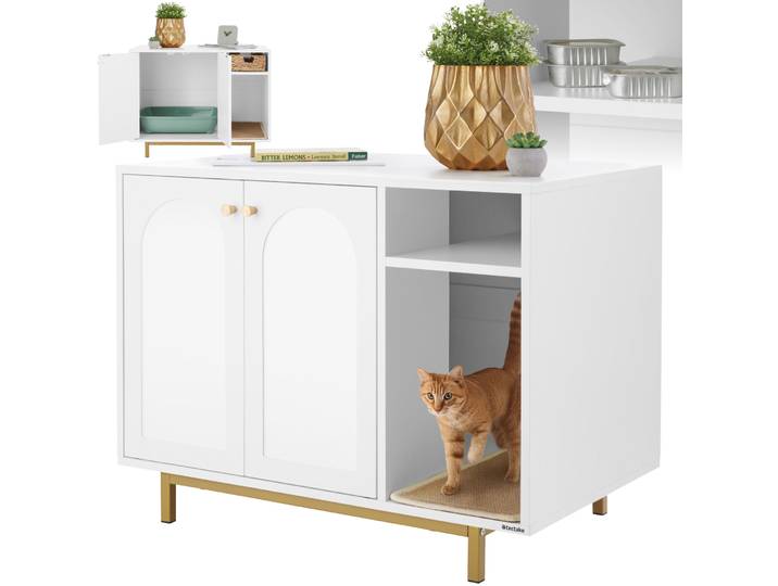 Katzenschrank Kalea, seitlicher Eingang, inkl. Kratzmatte - weiss/gold