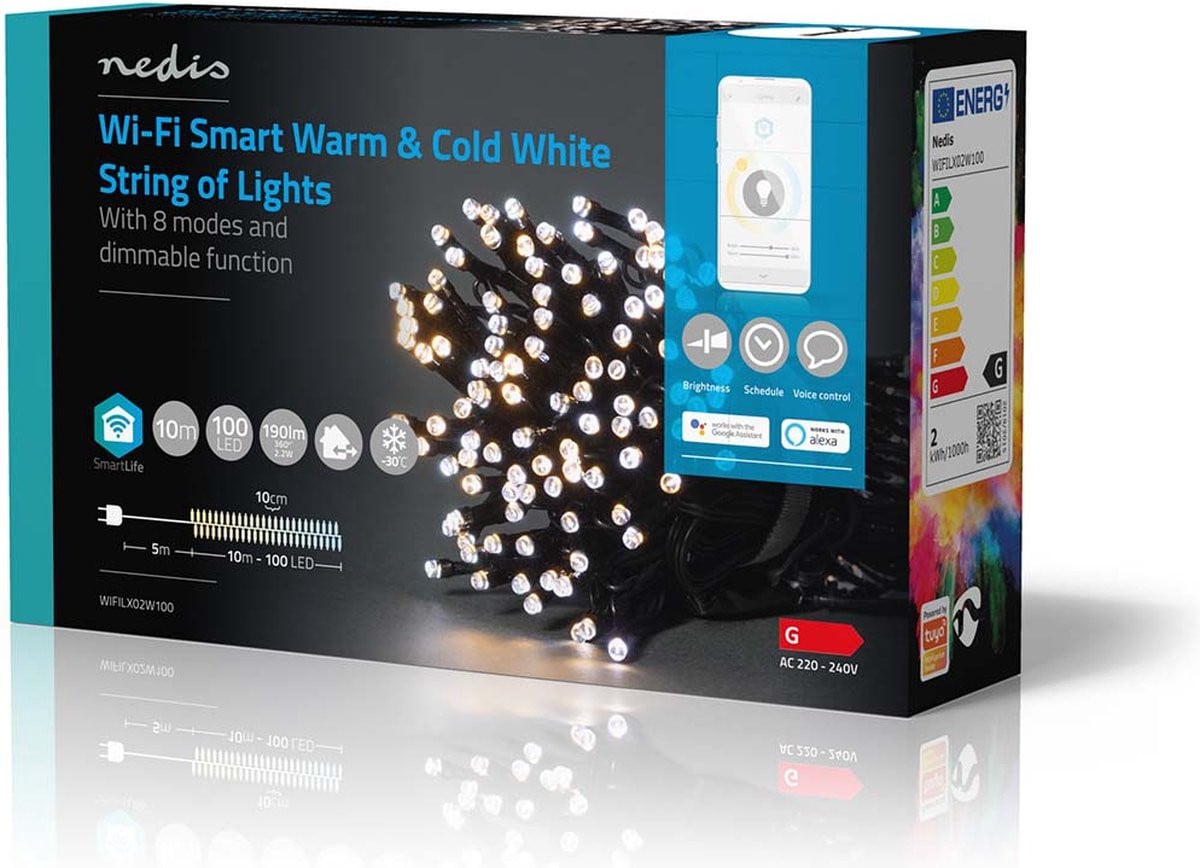 Nedis SmartLife Wi-Fi decoratief LED-lichtsnoer voor kerstverlichting, 100 LED's, 10 m, warm wit tot koud wit