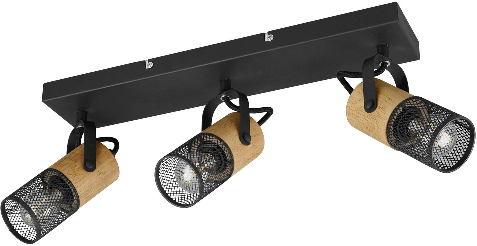 Trio Leuchten Tosh 3-lichts opbouwspot zwart en hout B: 44 cm, D: 20 cm, H: 9 cm
