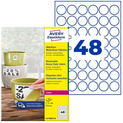 AVERY Zweckform 960 wetterfeste Folienetiketten L4716REV-20 weiß 30,0 x 30,0 mm