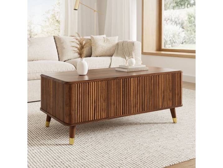 Table basse au style rétro-moderne plateau réglable en hauteur forme ondulée finition noyer pieds en bois espace de rangement