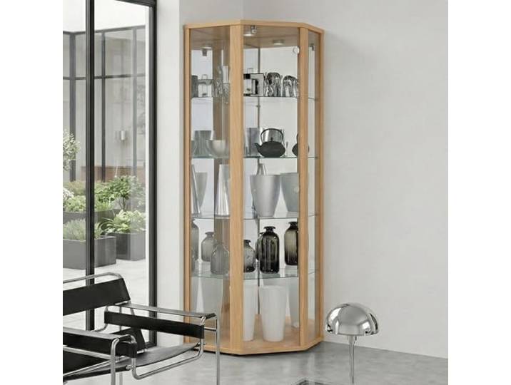 K-Möbel Eckvitrine in Buche (176x56,5x56,5 cm) mit 4 Glasböden, Schloss, Spiegel & LED - Modellauto Vitrine Buche - Vitrinenschrank- Sammlervitrine - Wohnzimmerschrank Glasvitrine Regal Wand