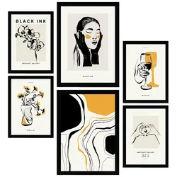 POSTER Set Mit 6 In Schwarzer Tinte Anspruchsvoll Künstlerische Und Abstrakte Drucke Für Innenarchitektur A3 & A4 Schwarzer Rahmen