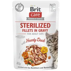 BRIT CARE Sterilisierte Katzenfilets in Soße mit herzhafter Ente, angereichert mit Sanddorn und Kapuzinerkresse 6x85g