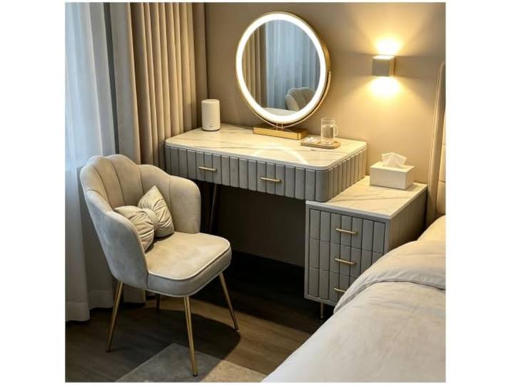 Preferspace Moderner Schminktisch mit 3-Farben-Licht Marmortischplatte, goldenes Eisengestell, 5 Schubladen, abnehmbare Seitenablage, drehbarer Spiegel(Gray,80cm/31.5in)