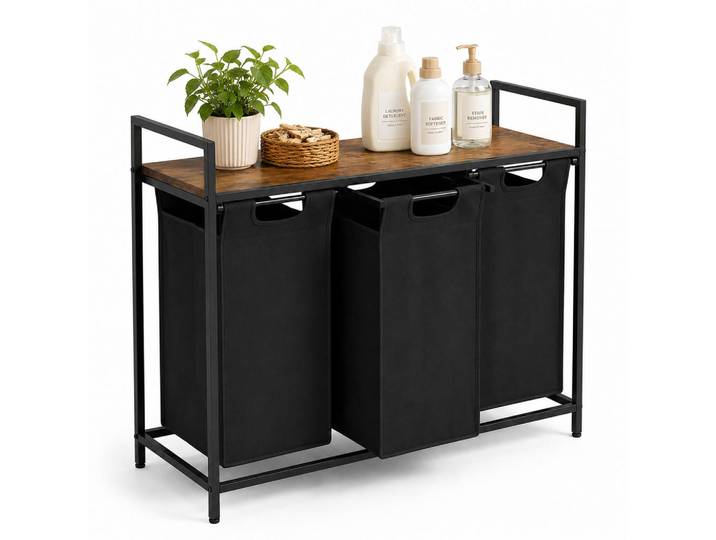 Relaxdays Wäschesortierer Schwarz 3-Fächer mit Ablage, Textil, Metall, Holzwerkstoff, 92.5x73x33 cm, Haushalt & Reinigung, Wäschepflege, Wäschekörbe & Tonnen