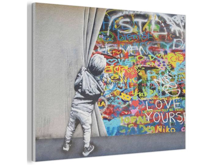 MuchoWow Akustikbild - Graffiti - Junge - Ilussie - Straßenkunst - 100x70, Hellgrau, Kunststoff, Rechteckig, 100x70x0.9 cm, Wandverkleidung, Akustikpaneele