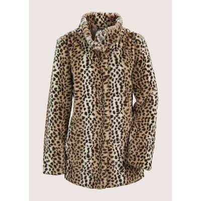 Langmantel MADELEINE "Mantel Webpelz-Einreiher im Leo-Design", Damen, Gr. 36, schwarz (perlweiß, caramel, schwarz), Obermaterial: 100% Polyester PES., Modern, Mäntel