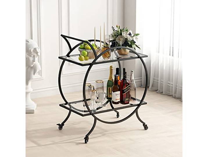Industrie Barwagen für die Hausbar Servierwagen, Rolling Bar Cart Schwarz mit abschließbaren Lenkrollen, Glasbar Carts mit 2 verspiegelten Regalen, Aufbewahrung Weinwagen für Küche, Party