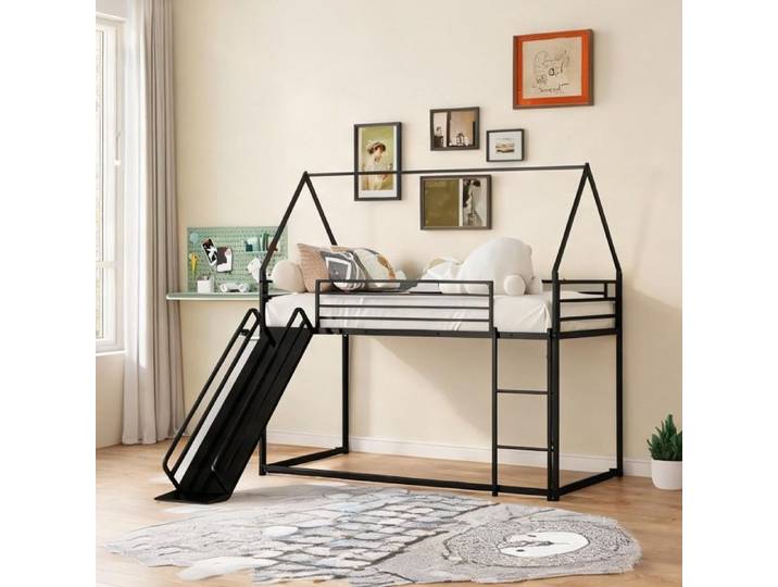 Lit superposé maison avec toboggan métal noir 90x190 cm design aventure