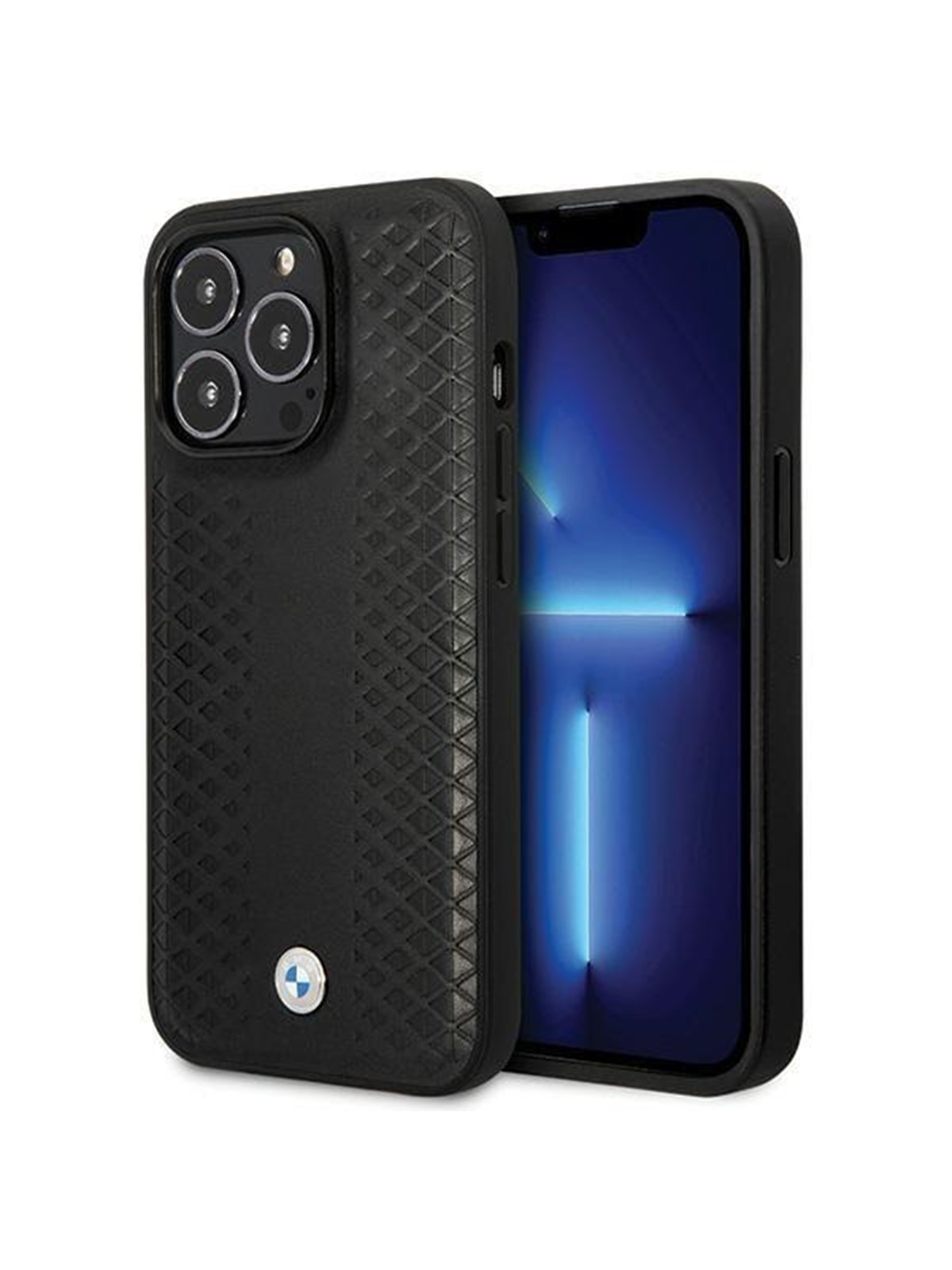 BMW Leather Diamond Pattern Case for iPhone 14 Pro - Black