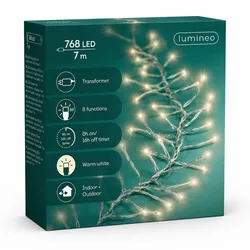 Lumineo LED Cluster Lichterkette 7m Twinkle Effekt 768 LEDs Timer 8 Funktionen Weihnachtsbeleuchtung Innen Außen Deko Beleuchtung Warmweiß Transparent