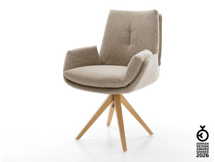 DELIFE Drehstuhl Clea-Flex Bouclé Schlamm Holzgestell kantig Natur 360° drehbar
