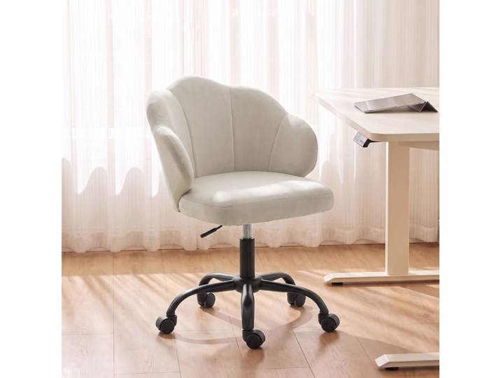 Chaise Bureau en Velours Chaise Coiffeuse avec Dossier en Pétale Hauteur Réglable Fonction Bascule Crème