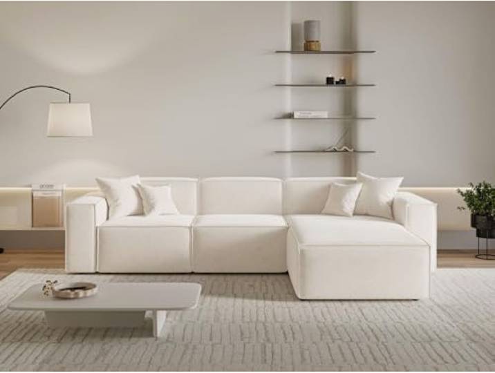 GRAINGOLD Arizona Ecksofa 265x180 cm, L-Form Sofa, Ecksofa für Wohnzimmer, Velour-Stoff, 3-Sitzer Eckcouch, Modernes Design (Creme, Rechts)