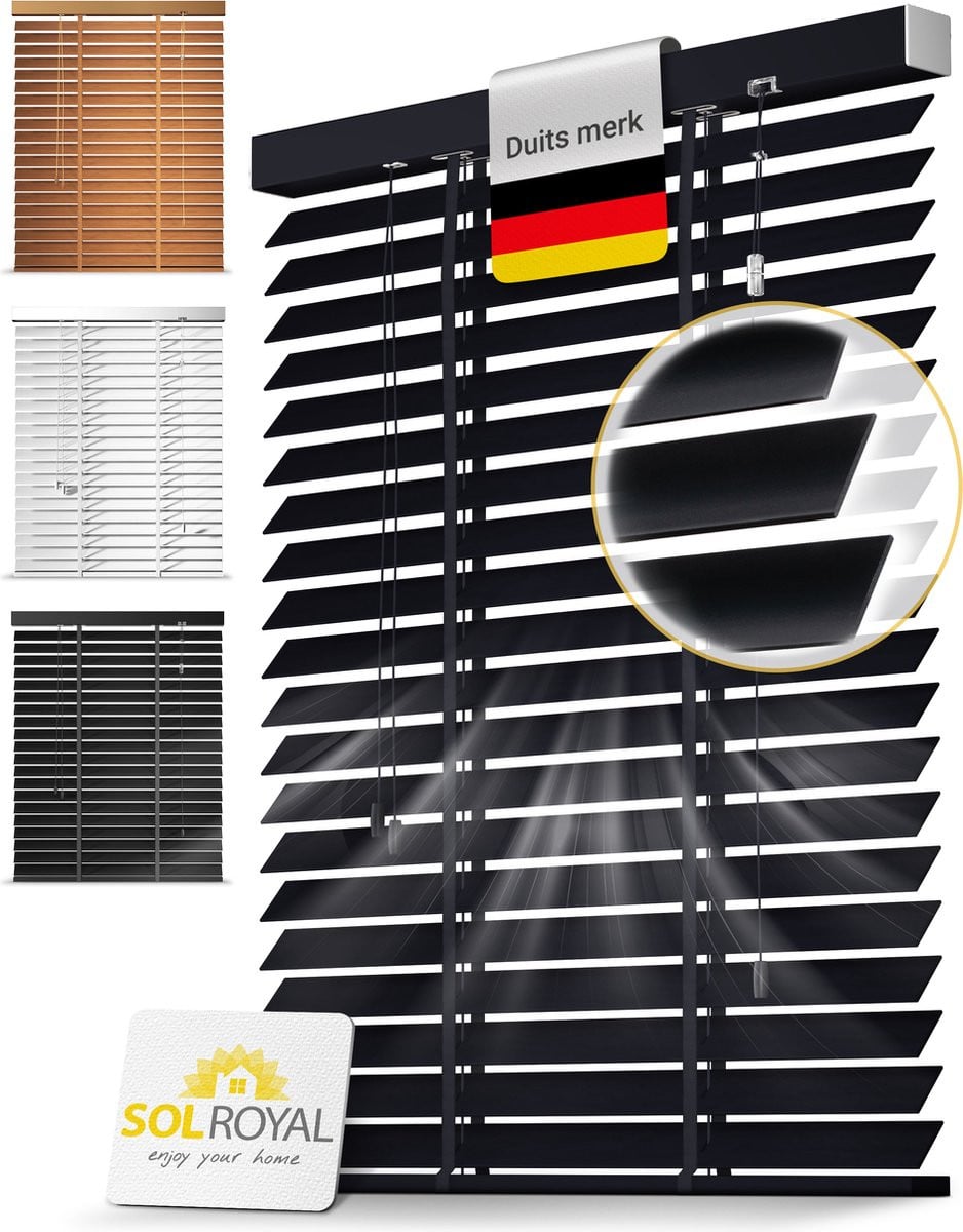 Sol Royal BE5 Houten Jaloezieën Zwart, 50 mm Lamellen, Extra Breed, 75 x 180 cm