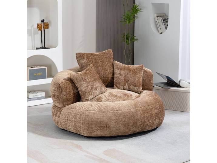 Pouf Salon Chambre en Chenille Canapé Pouf Fauteuil Pouf Cocooning Lazy Sofa Durable Lounger à Dossier Haut avec 3 Coussins café