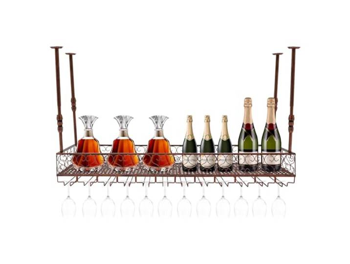 Bronzefarben Hängendes Weinregal, Aufbewahrungsregal für Küchen Bars Cafés Bis 50KG Deckenregal, Einstellbare Höhe 35-55cm Weinorganisator mit Glashaltern Montage der Abgehängten Decke
