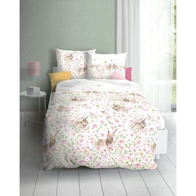 Bettwäsche KAEPPEL "Häschen", rosa, B/L: 135cm x 200cm, 1 Stk., 1 Stk., Mako-Satin, B/L: 80cm x 80cm, 2 Stk., Mako-Satin, Obermaterial: 100% Baumwolle, Bettwäsche, Bettwäsche, Blumenwiese mit Häschen