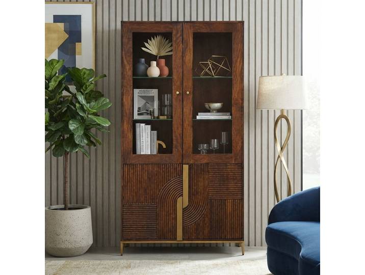 Vitrine 100x200cm 'Marvello' Mango braun & Metall goldfarbig Glastür