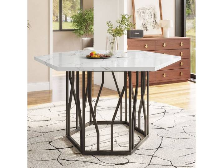 Table à manger hexagonale plateau MDF aspect marbre structure acier EVRYAE