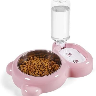 Uplift Treasures Double Cat Bowl With Automatic Water Bottle pink xxl