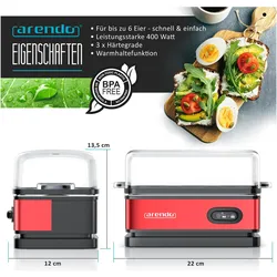 Arendo Frühstücks Set, Wasserkocher 1,5l Temperaturwahl, 4-Scheiben Toaster & Eierkocher für 3 Eier, Rot, Wasserkocher, Rot