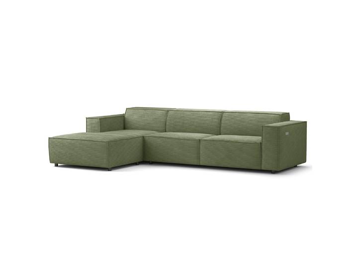 Ecksofa mit Longchair Grün Cordstoff Scilla 294cm Longchair davorstehend links Sitztiefenverstellung Modern