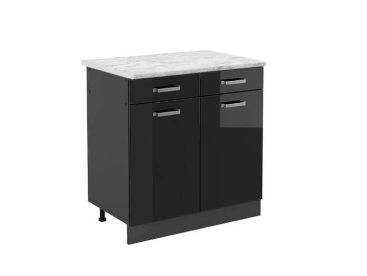 Vicco Küchenunterschrank R-Line, Schwarz Hochglanz, 80 cm 2 Schubladen · Arbeitsplatte Marmor · Höhenverst. Füße · Metallgriffe · Leichter Zugriff
