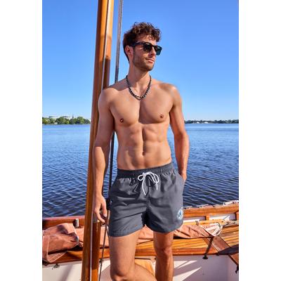 Badeshorts JOHN DEVIN, Herren, Gr. M, N-Gr, grau (rauchblau), Microfaser, Microfaser, unifarben, Badehosen Badeshorts, mit platziertem Druck
