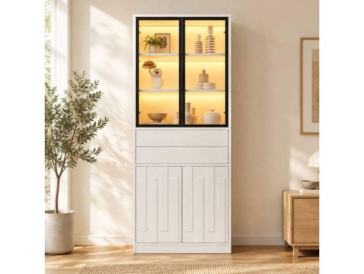 Vitrine haute - ZEVKOR - 4 Portes 2 Tiroirs - Blanc mat - Verre trempé - LED Bluetooth réglable