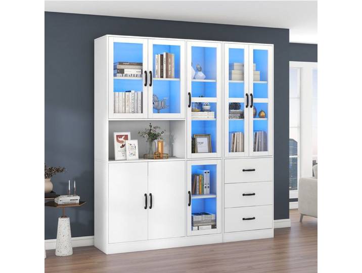 Vitrine Blanche LED 8 Portes 3 Tiroirs Kombivitrine Design FloraGrace Pour Salon Montage Facile 180x40x200cm
