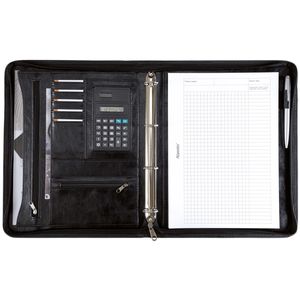 Alassio Schreibmappe 30065, Massa, schwarz, Kunstleder, mit Reißverschluss, Ringbuch, Taschenrechner & Block, A4
