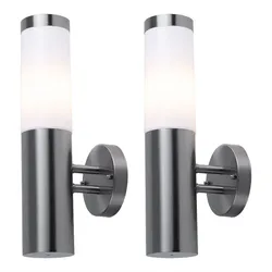 2er Set Wandlampe Außen Wandleuchte Fackellampe Edelstahl silber Hauswandlampe Fassadenlampe, 1x E27, LxBxH 7,8x14,5x36cm, Garten Haustür Eingang Einfahrt Balkon