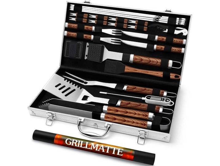 Grillbesteck 26-teiliges Set Edelstahl mit Koffer und Fleischthermometer, Braun, Metall, 44.5 cm, Grills, Grillzubehör