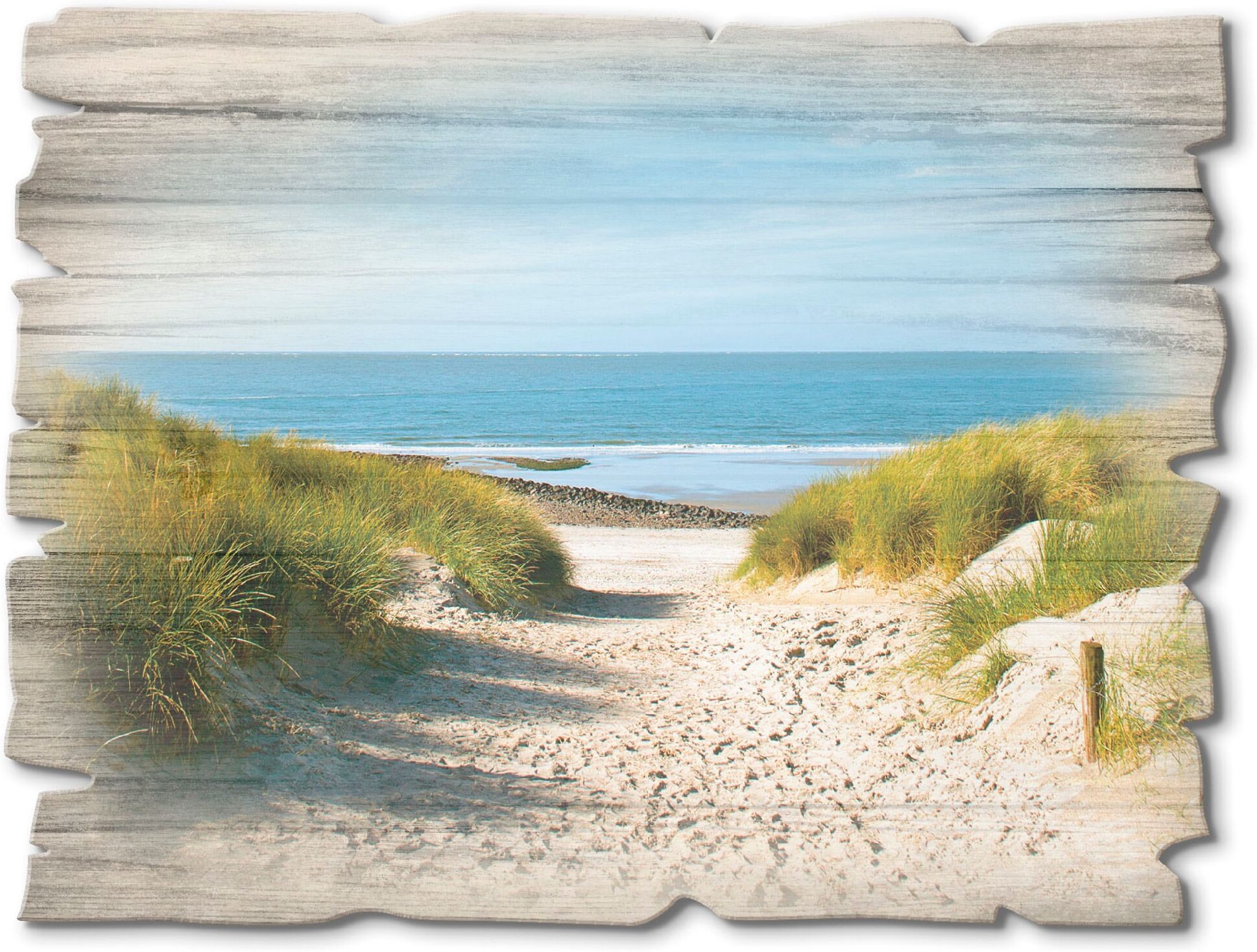 Holzbild ARTLAND "Strand mit Sanddünen und Weg zur See", beige (farbe bild(er): naturfarben), B:40cm H:30cm, Bilder, Holzbild farbe bild(er): naturfarben B/H/T: 40cm x 30cm, Holzbild Strand Querformat, 1 Stk.