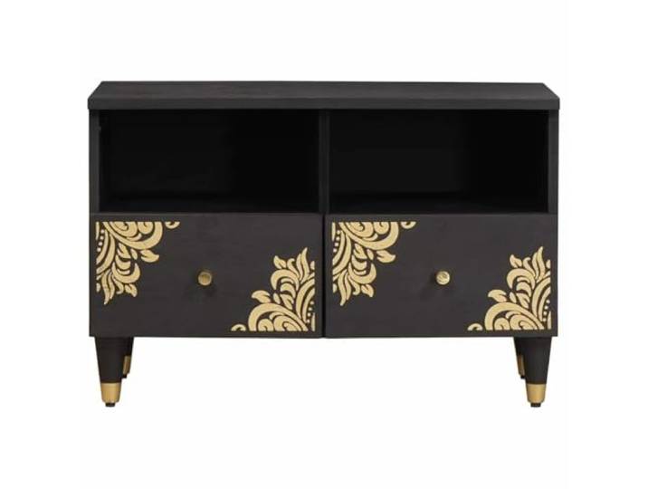 KTHLBRH TV-Schrank Schwarz 70 x 33 x 46 cm Mangoholz massiv Mit Schublade und Regal, Griffe aus Messing, gedrucktes Design in Gold, für Wohnzimmer