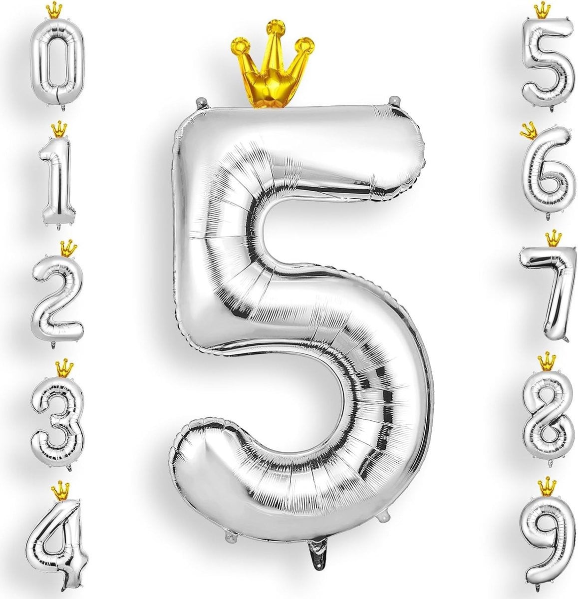Grote Cijfer 5 Ballon met Zilveren Kroon, 101 cm Helium Ballon voor Feest en Verjaardag Decoratie