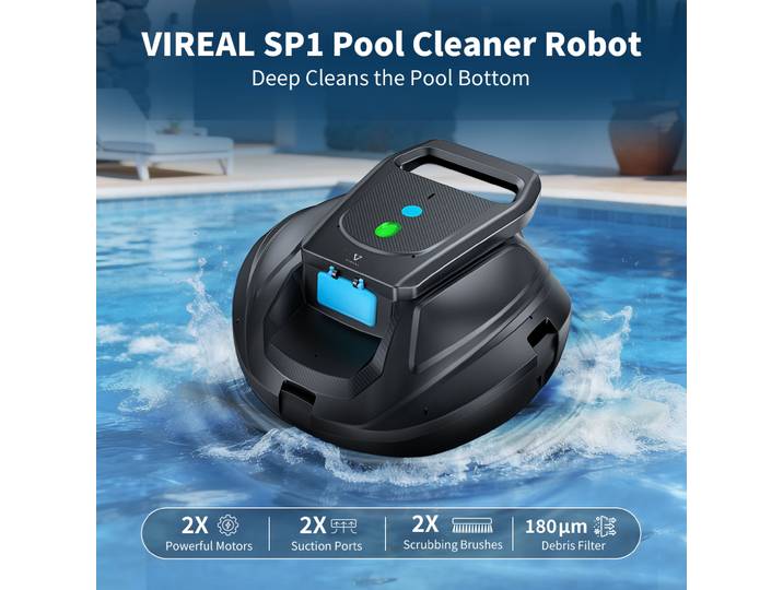 Aspirateur robotisé pour piscine VIREAL SP1, robot nettoyeur de piscine sans fil, aspiration puissante, autonomie de 130 minutes, couvre jusqu'à 80 m² ㎡ Robot nettoyeur de piscine, démarrage à une