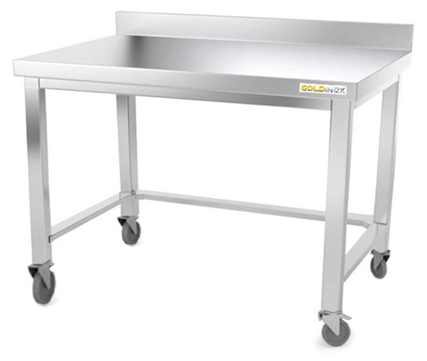 Arbeitstisch aus Edelstahl, Unterbau 1200 x 500 mm, mit Rückwand und verstärkten Rollen, - GOLDINOX