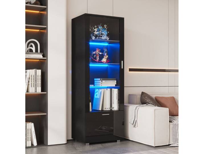 IVMEU Vitrine noire brillante LED porte acrylique 3 étagères en verre trempé tiroir caché 40 x 50 x 160 cm