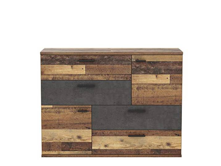 FORTE Skive Kommode mit 2 Türen und 4 Schubkästen, Holzwerkstoff, Old-Wood Vintage Dekor und Betonoptik dunkelgrau, 124.9 x 41.3 x 95.9 cm