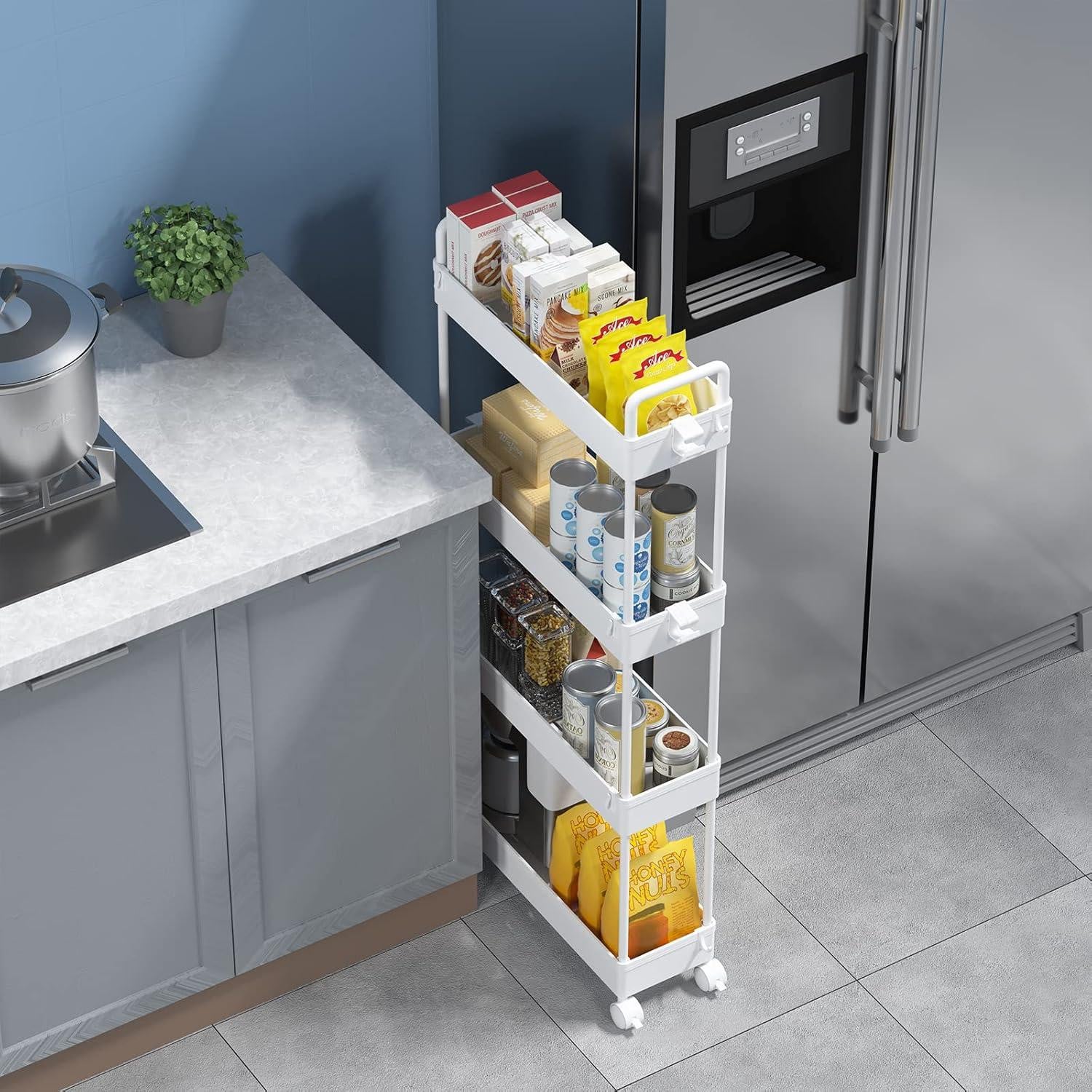Wit mobiel opbergrek met 4 lagen en wielen voor keuken of badkamer