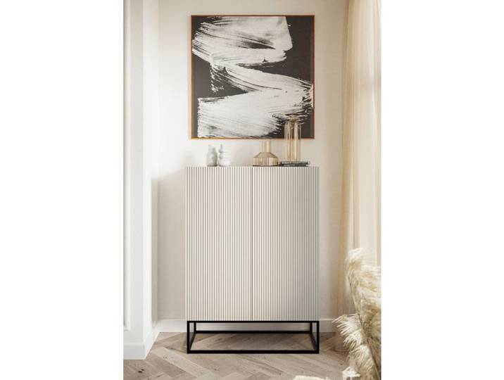 Commode haute à deux portes - VELDIO - 90 cm - grège avec pieds noirs