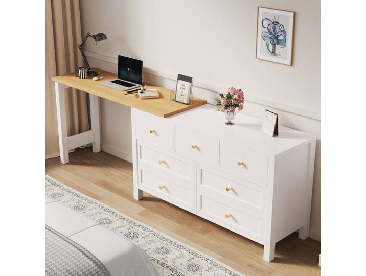 Bureau D Angle Blanc Aspect Chene Bureau Rotatif 2 En 1 FloraGrace Pour Bureau 7 Tiroirs 120x40x70cm