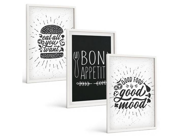 Tulup Bilder SET 3er Set - 40x60 cm Weißer Rahmen - Grafiken, Lebensmittel, kulinarische Slogans, Kunststoff, Rechteckig, 40x60 cm, gerahmt, Bilder & Rahmen, Bilder
