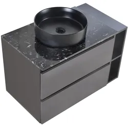 Badezimmerschrank mit Marmorplatte und rundem Waschbecken, Farbblock-Design, 80x44x48 cm, Schwarz und Grau