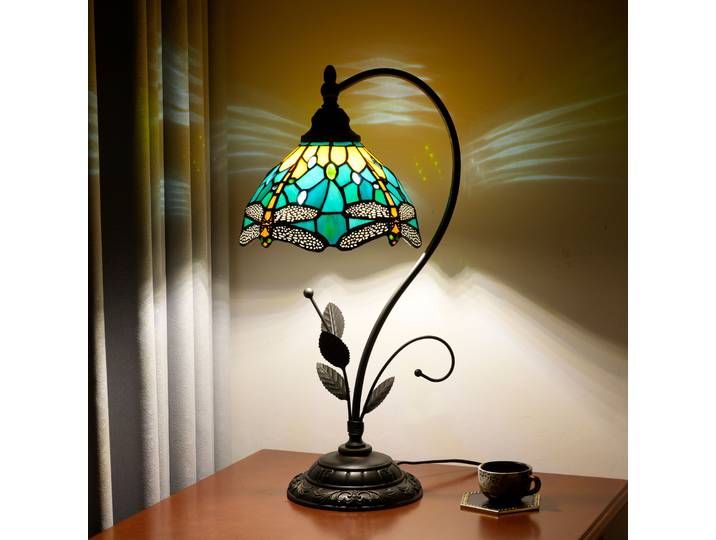 Lampe de table élégante, lampe de lecture de bureau en verre teinté, base de lampe de table en métal à motif de feuilles, lampe de lecture verte avec dragon, papillon et paon