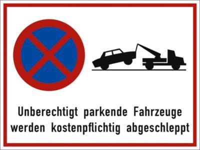 moedel Hinweisschild „Unberechtigt parkende Fahrzeuge werden kostenpflichtig abgeschleppt“, L 300 x B 400 mm, Aluminium, mehrfarbig